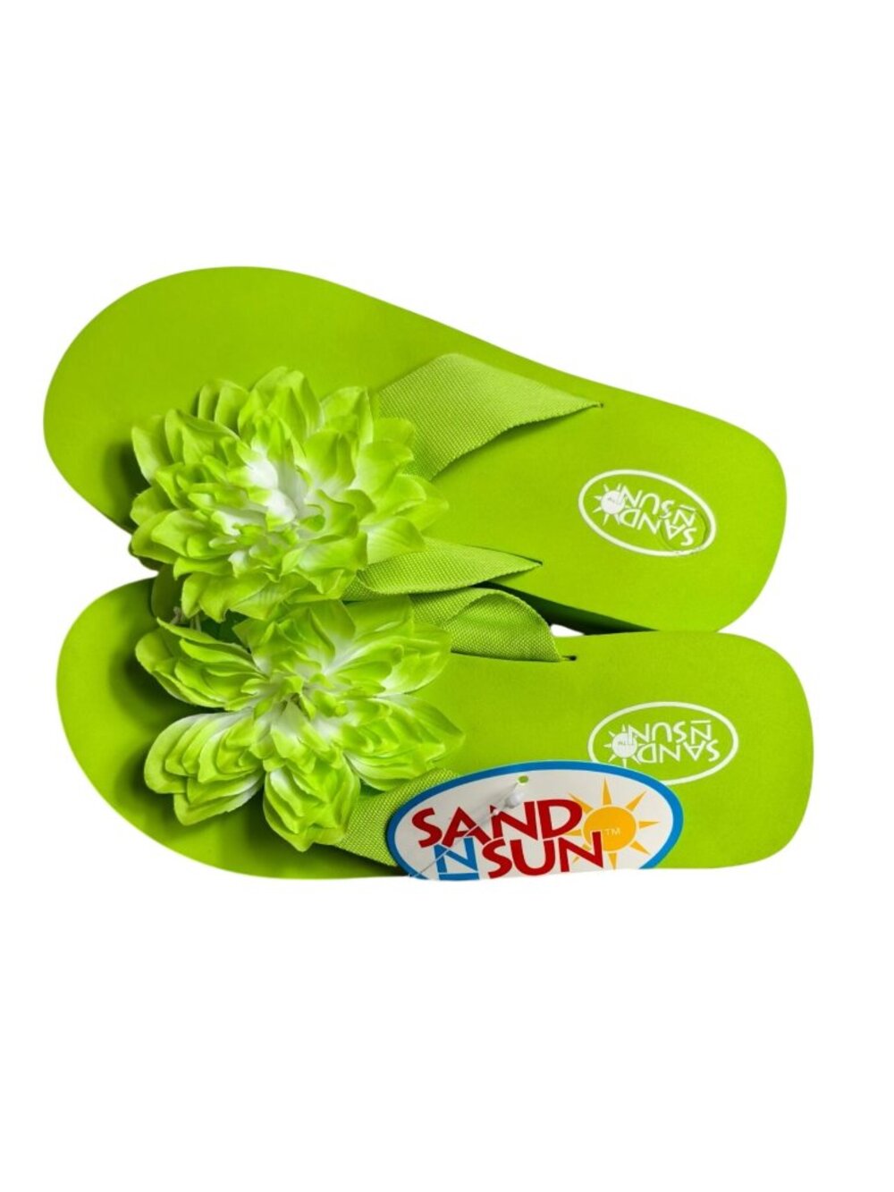 Sand N Sun Womens M 7-8 Flip Flops Green Flower Wedge Summer Thong Sandals NEW - Picture 2 of 7